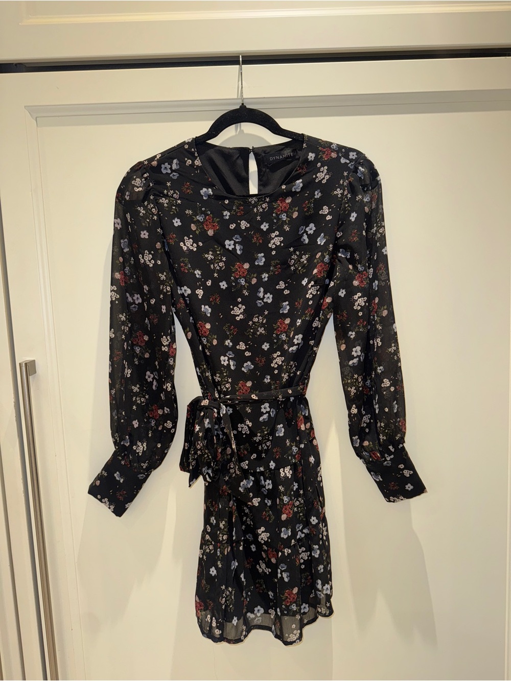 Dynamite Black Floral Long Sleeve Tie-Waist Dress